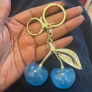 Blue sparkle Cherry Keychain with Gold Accents